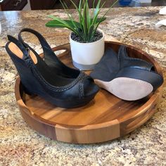 Brand New Never Worn Black Wedges Black Slingback Platform Wedge Sandals, Black Wedge Sandals With Wooden Heel, Black Leather Wedge Heel Sandals, Black Leather Wedge Sandals, Black Wedges, Womens Shoes Wedges, Wearing Black, True Religion, Wedge Sandals