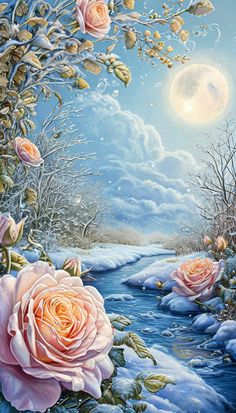 a painting of roses in the snow with a full moon behind them and water running through it