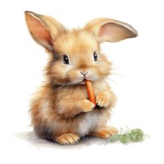 a painting of a rabbit eating a carrot with its paws on it's chin