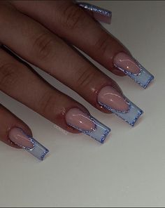 Simple Cute Blue Nails, Square Shape Nail Ideas, Blue French Tip Nails With Glitter, Birthday Nail Ideas Acrylic Medium, Bridesmaid Nails Blue, Rod Wave Nails, Y2k Winter Nails, Blue Nail Designs Almond, Red Cute Nails