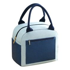 a blue and white lunch bag with handles