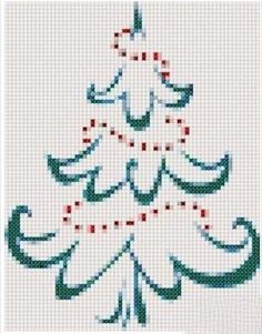 a cross stitch christmas tree with red and green trimmings on the bottom, in white