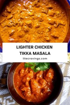 chicken tikka masala in a bowl with the title above it