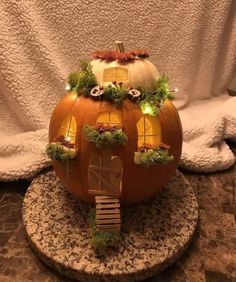 a pumpkin shaped like a house with plants growing out of it