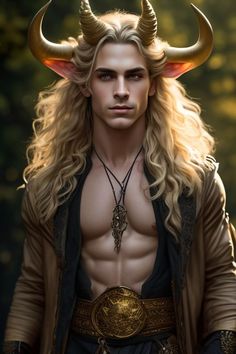 a man with long blonde hair and horns on his head is wearing a horned outfit