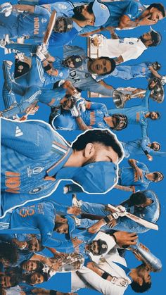 a collage of tennis players in blue uniforms and holding their racquets