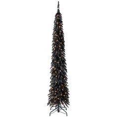 a tall black christmas tree with lights on it's top and the base is standing upright