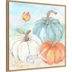 two pumpkins and starfish on the beach with watercolor painting effect in background