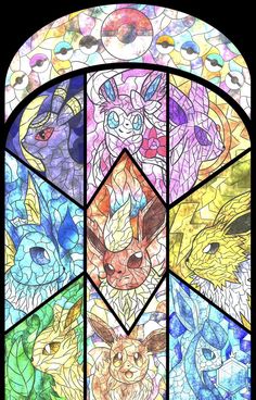 a stained glass window with different colored animals in it's center and the words pokemon written below