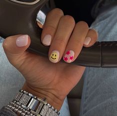 Neutral Nails With Pop Of Color, Summer Gelish Nails, Fun Short Nail Designs, Fun Design Nails, Fun Simple Nails, Short Nails Colorful, Smile Face Nails, Short Fun Nails, Fun Short Nails