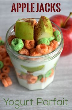 yogurt parfait applejacks in a glass jar with apples and pretzels