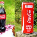 two pictures of coca - cola cans sitting on top of a picnic table