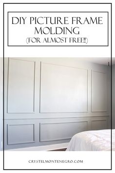 a white bed sitting next to a wall with the words diy picture frame molding for almost free