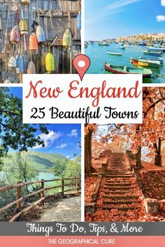 Pinterest pin for Most Beautiful Towns in New England New England Travel Guide, Northeast Usa Travel, New England Trip Itinerary, Best Places To Visit In New England, New England Things To Do, Travel New England, Things To Do In New England, New England Vacation Ideas, New England Trip