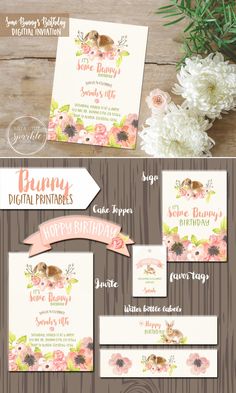 the bunny birthday party package is shown with flowers