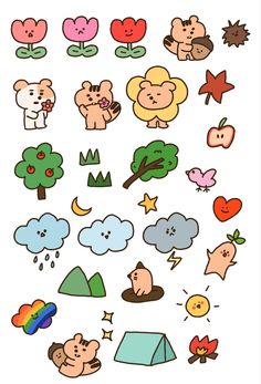 an assortment of stickers with animals and trees on the top, one has a rainbow