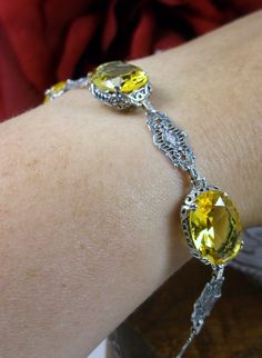 Yellow citrine bracelet, oval gemstones, sterling silver filigree, Edwardian Jewelry Ornate Yellow Jewelry For Formal Occasions, Yellow Filigree Jewelry For Formal Occasions, Ornate Yellow Jewelry For Wedding, Ornate Yellow Wedding Jewelry, Elegant Yellow Bracelet With Intricate Design, Classic Yellow Bracelet, Yellow Filigree Jewelry Gift, Yellow Sterling Silver Bracelet, Yellow Filigree Jewelry