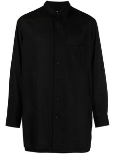 black box-pleat detail to the rear classic collar front button fastening drop shoulder long sleeves buttoned cuffs chest patch pocket short side slits high-low hem