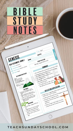 the bible study notes on an ipad next to a cup of coffee