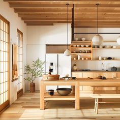 a wooden table sitting in the middle of a kitchen