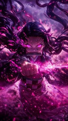 an anime character with long black hair and purple eyes, holding her fist up in the air