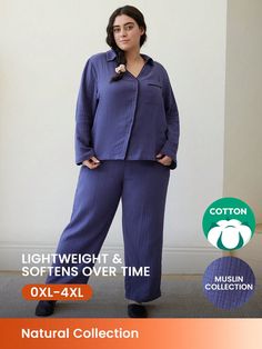 Women Plus Breathable Soft Cotton Pajamas Crinkle Long Pajama Set With Button-Up Top Lounge Set Blue Casual-Woman  Short Sleeve Woven Fabric Plain Pant Sets Non-Stretch All Women Plus Sleep and Lounge, size features are:Bust: ,Length: ,Sleeve Length: Soft Cotton Pajamas, Raglan Sleeve Sweatshirt, Plain Pants, Plus Size Pajamas, Printed Sleeveless Top, Comfy Pants, Print Pajamas, Cotton Pyjamas, Elegant Dresses Long