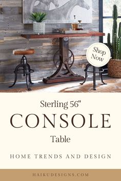 a table with two stools in front of it and the words sterling 55 console table on