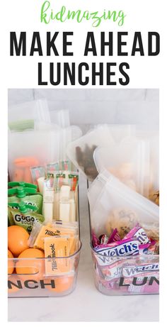 two plastic containers filled with food and the words, how to make ahead lunches