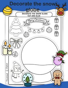 a snow globe cut and glue activity for kids to decorate the snow globe with christmas decorations