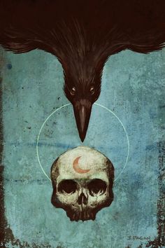 a painting of a skull with a crow on it's head in front of a blue background