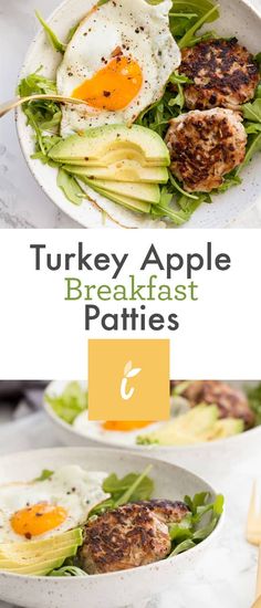 two plates filled with food and the words turkey apple breakfast patties