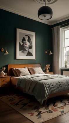 a bedroom with dark green walls and wooden furniture, including a bed in the middle