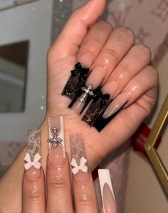 Y2k Long Square Nails, Nail Ideas Alt, Lowrider Nails, Dope Nail Designs Mid Length, Long Nails Black, Alt Nails