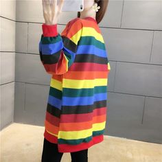 Long Sleeve Loose Striped Colors Shirt – Nada Outfit Land Colorful Oversized Casual Top, Casual Rainbow Tops For Winter, Casual Rainbow Top For Winter, Rainbow Long Sleeve Cotton Top, Rainbow Long Sleeve Top For Winter, Winter Rainbow Long Sleeve Top, Rainbow Cotton Top For Fall, Rainbow Long Sleeve Tops For Spring, Casual Blouse Shirts