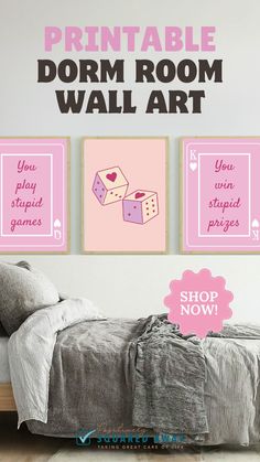 a bedroom with pink walls and pictures on the wall above it that says printable dorm room wall art