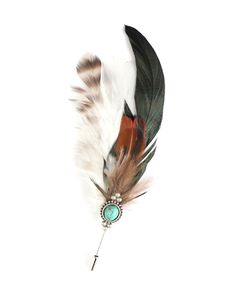 an image of a feather with a turquoise stone brooch on it's end