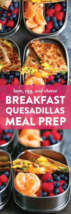 breakfast quesadillas meal prepped in tins with the title overlay