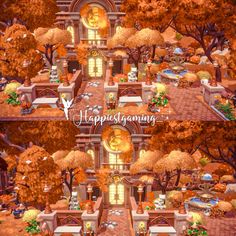 an animated image of a house in the middle of autumn and fall with pumpkins on it