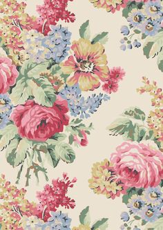 a floral wallpaper with pink, yellow and blue flowers