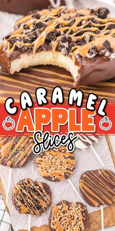 caramel apple slices with chocolate and pretzels on top