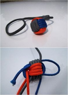 two images show the same knot as they are being used to tie something in different colors