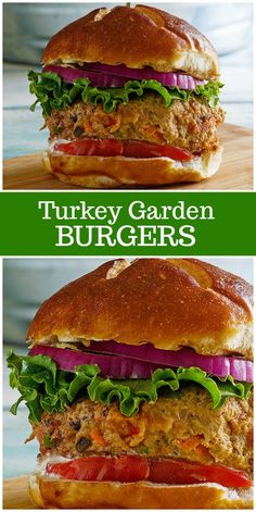 two pictures of a turkey garden burgers with lettuce and tomato on the side