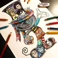 a drawing of a cartoon character wearing a top hat with other characters on it and colored pencils next to it