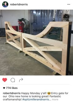 an instagramted photo of a wooden fence being built in a workshop with the caption's tweet below it