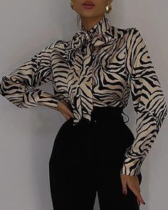 Size: S,M,L,XL;Style:ChicType:BlousesMaterial:PolyesterNeckline:Tie NeckSleeve Style:Long Sleeve,Lantern SleeveLength:RegularPattern Type:Zebra StripeDecoration:Lantern Sleeve,Tied DetailFit Type:RegularOccasion:DailyPackage Include:1*Blouse Trendy Beige Office Blouse, Chic Tie Neck Printed Blouse, Chic Printed Tie Neck Blouse, Casual Beige Blouse For Party, Chic Beige Printed Tops, Blouse Size Chart, Lantern Sleeved Blouses, Chic Type, Blouse Material