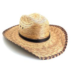 Burnt palm leaf cattleman hat for small heads. Classic double hump crown with side pinch and metal eyelets. Curled brim with two tone chevron pattern edge. Wide brim, 3.5" provides great sun protection. Tightly braided palm fibers are naturally sun protective, and water repellent. Elastic inner comfort band. Extra-small size hat, 53 cm. 100% palm fiber. Product of Mexico. Hats For Small Heads, Summer Fedora, Packable Sun Hat, Womens Fedora, Safari Hat, Straw Fedora, Crown Hat, Fedora Hat, Palm Leaves