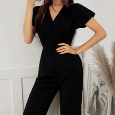 V Neck Short Sleeve Jumpsuit - Black Black Jumpsuits And Rompers For Work, Elegant Black Jumpsuits And Rompers, Black Workwear Jumpsuits And Rompers, Black Solid Color Jumpsuits And Rompers For Loungewear, Black Solid Color Jumpsuit For Loungewear, Black Loungewear Jumpsuits And Rompers, Black Stretch Jumpsuits And Rompers For Work, Black Overall Jumpsuit Or Romper, Black Solid Color Jumpsuits And Rompers