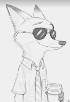 a drawing of a fox wearing sunglasses and holding a jar of coffee in his hand