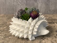 a white hedgehog planter with succulents in it's mouth