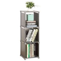 a book shelf with several books and a potted plant on top in front of a white background